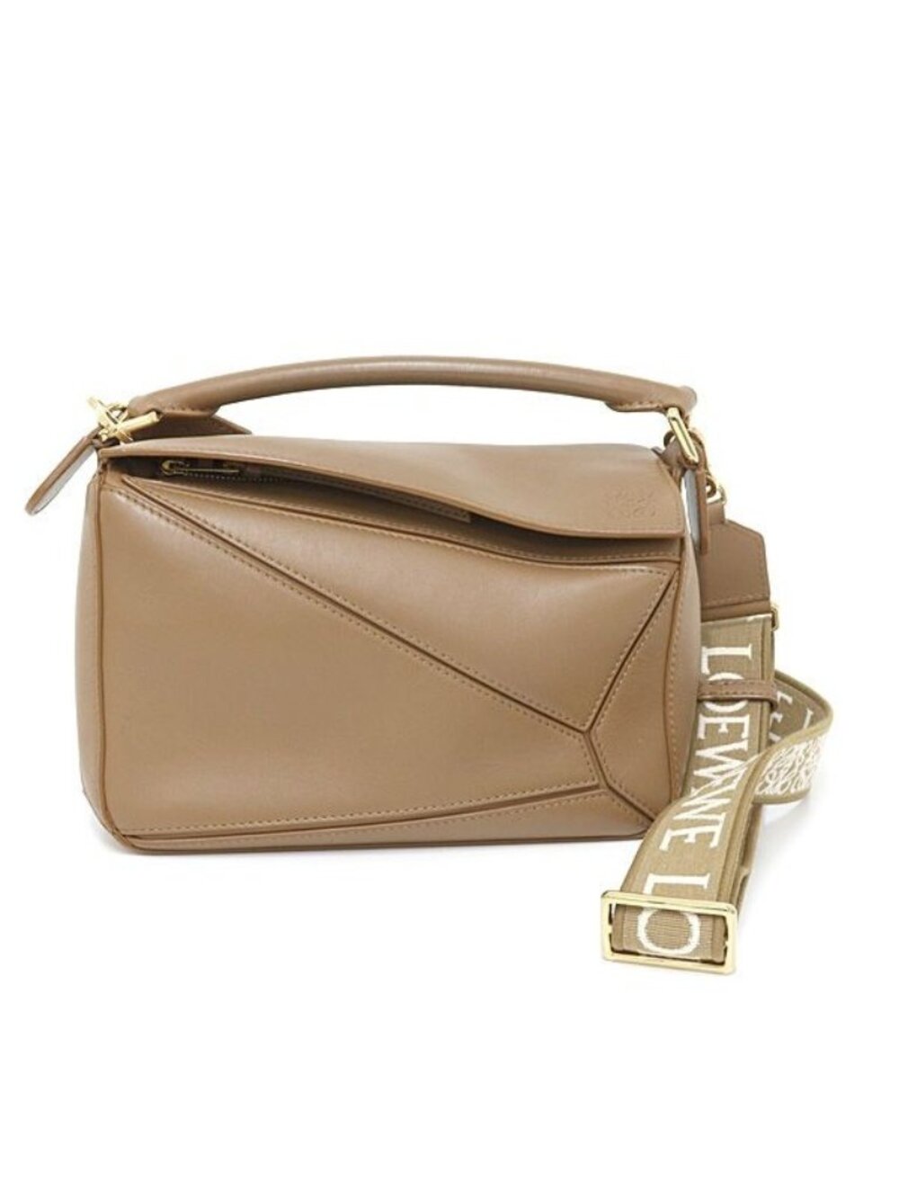 Loewe Puzzle Bag Small Calfskin Anagram Strap Taupe 3way Jacquard